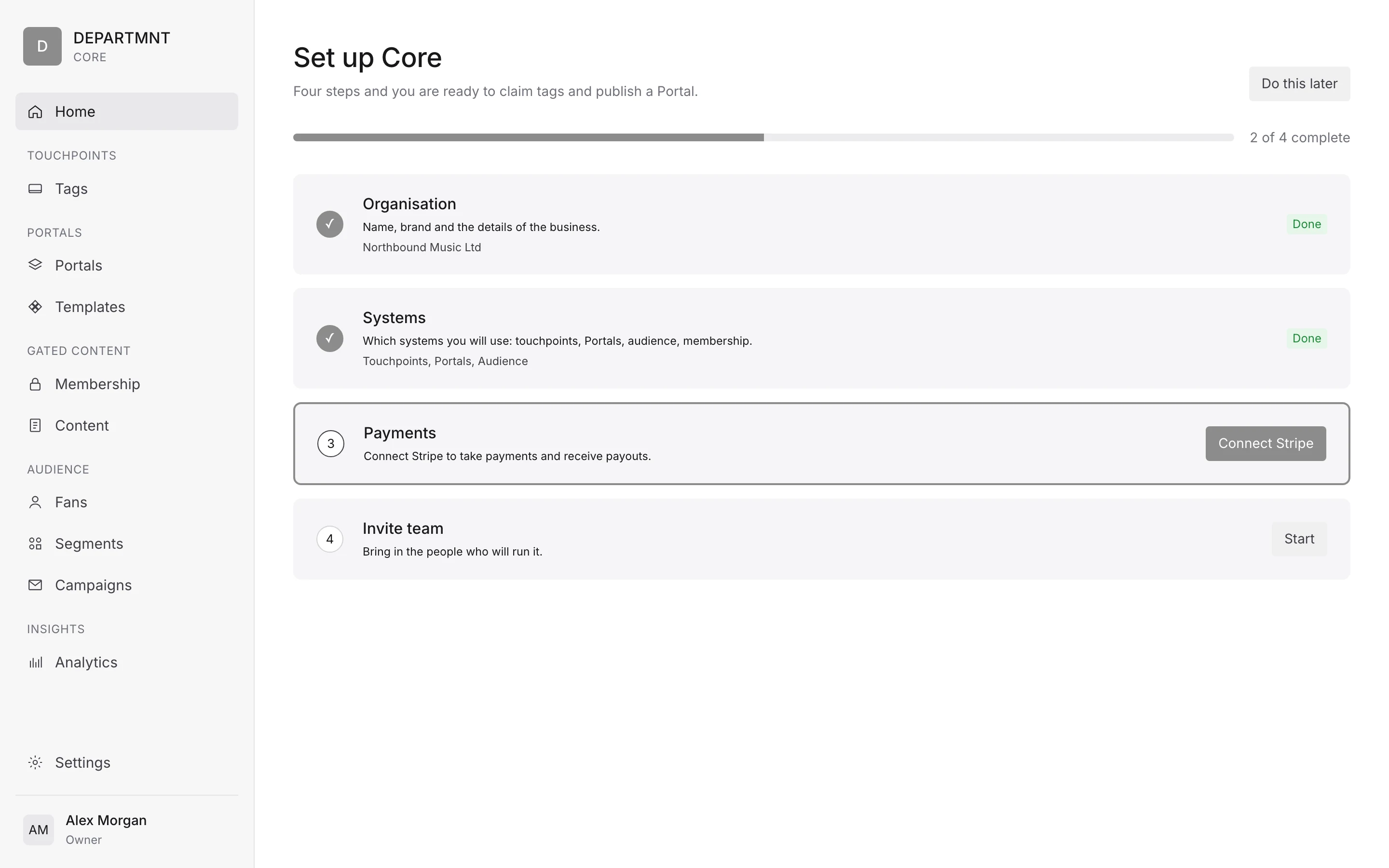 Mock-up. Core onboarding: the four setup steps, Organisation, Systems, Payments and Invite team, two of four complete