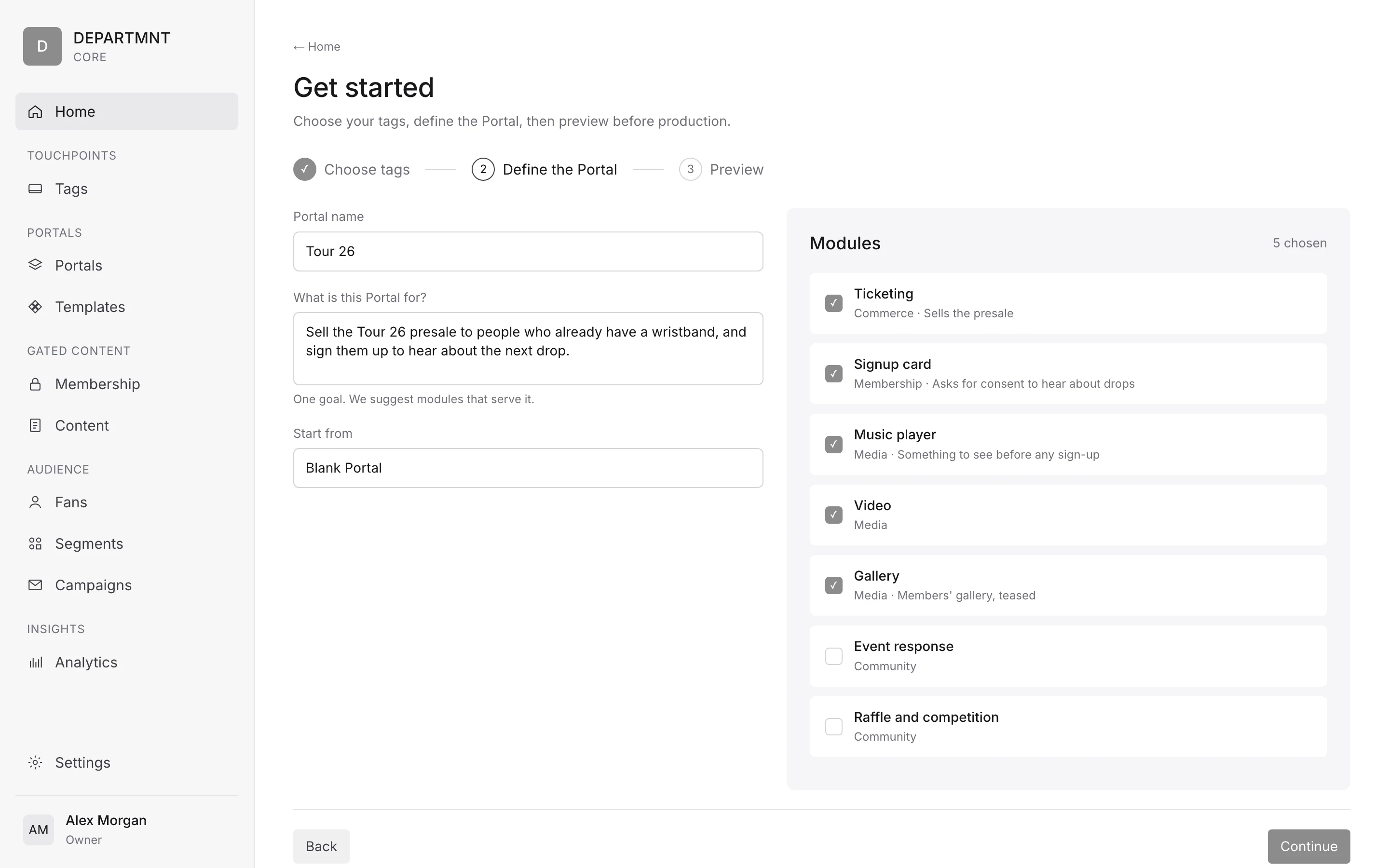 Mock-up. Defining a Portal: the goal filled in and the modules chosen for it, step 2 of self-serve