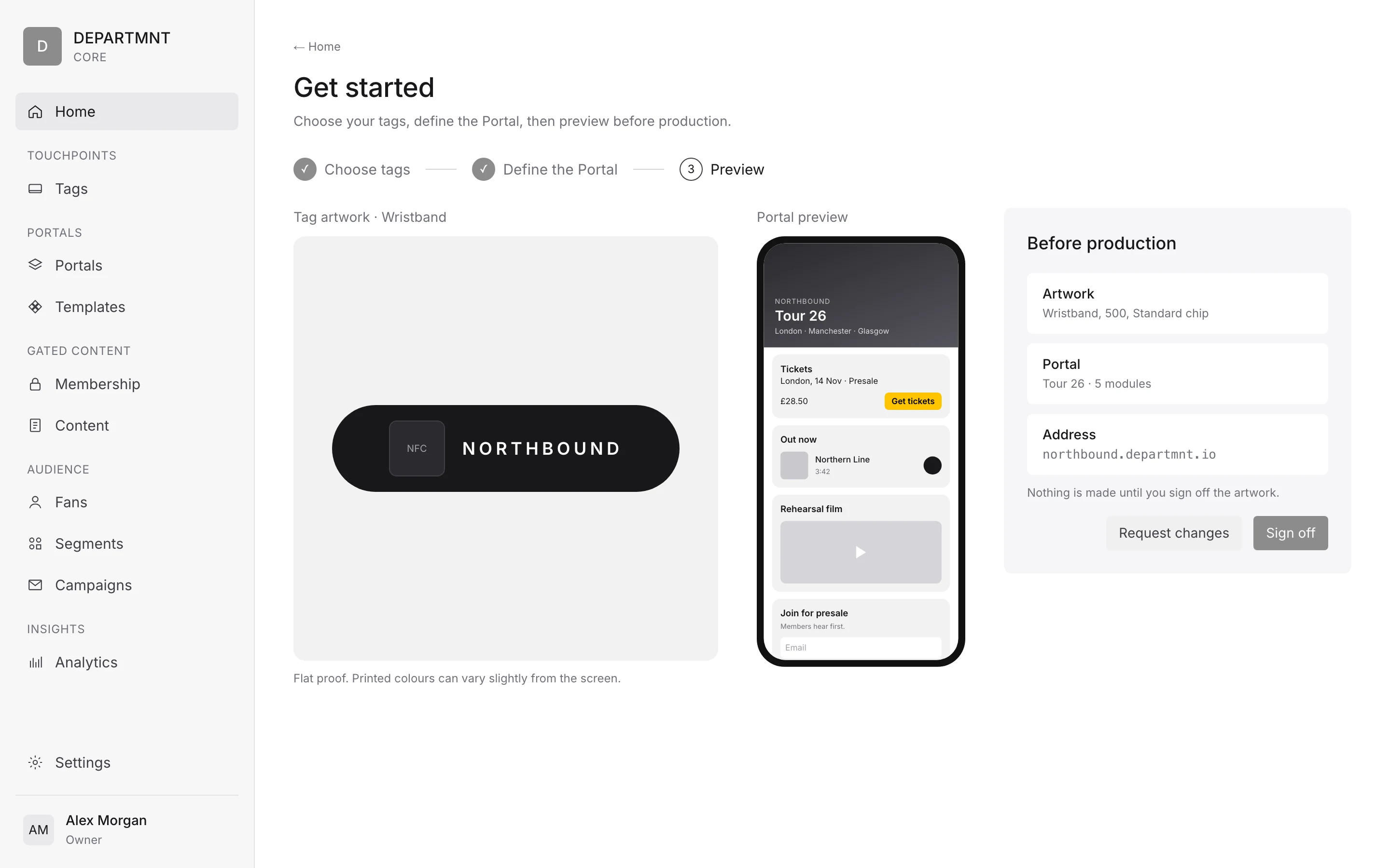 Mock-up. Self-serve step 3, preview: the tag artwork next to the Portal preview on a phone, before sign-off