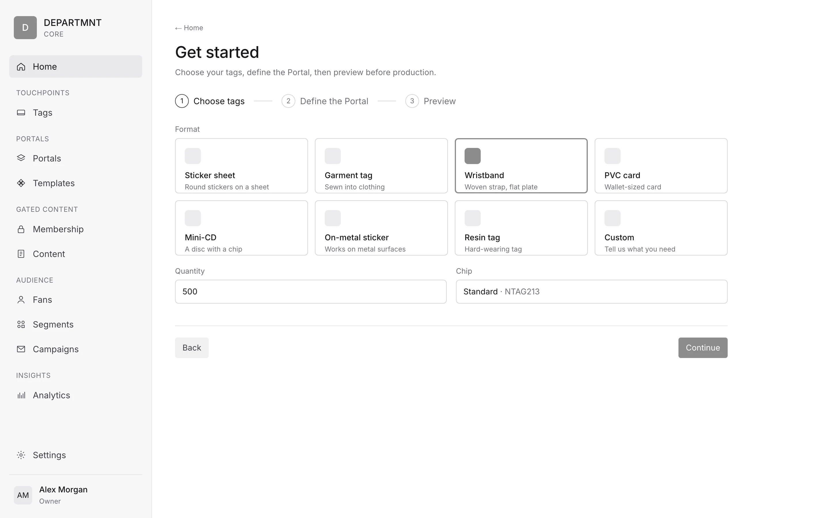 Mock-up. Self-serve step 1, choose tags: the format picker with wristbands selected and a quantity entered