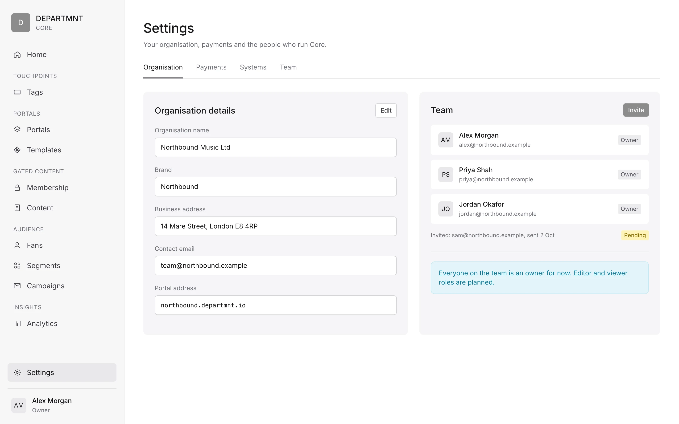 Mock-up. Core Settings > Organisation: organisation details and the team list, every member marked Owner