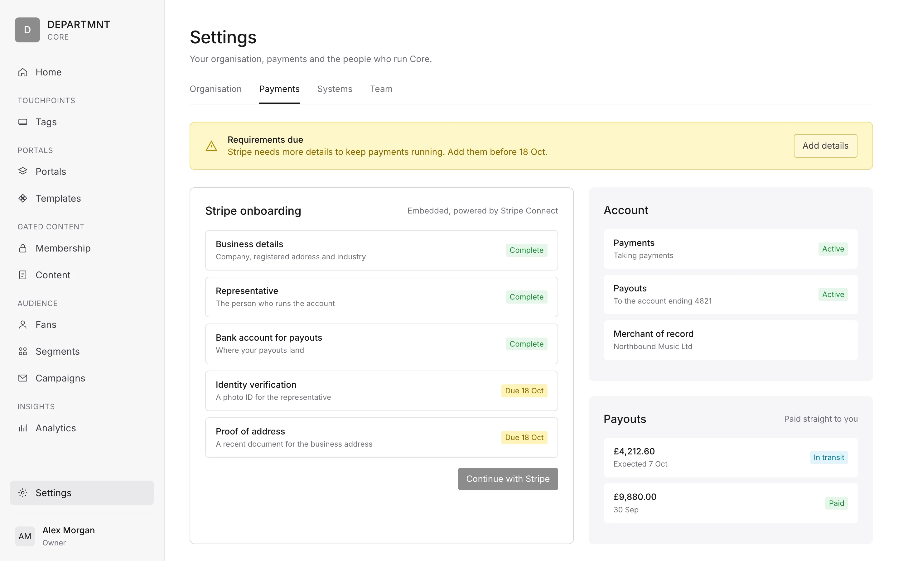 Mock-up. Core Settings > Payments: the embedded Stripe onboarding with the Requirements due banner, account status and payouts