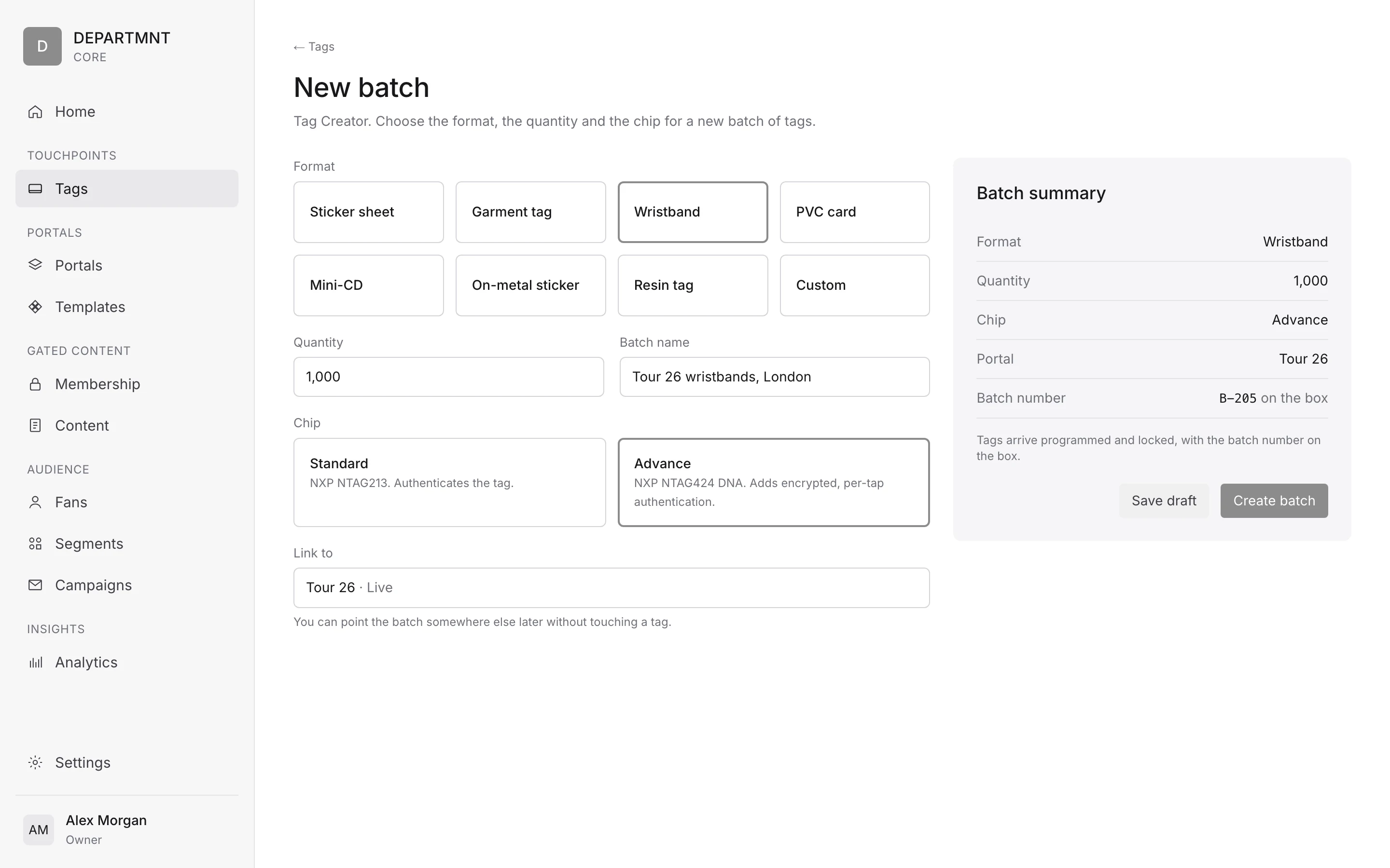 Mock-up. Core Tag Creator: a new batch with format, quantity and tag type chosen, and a batch summary