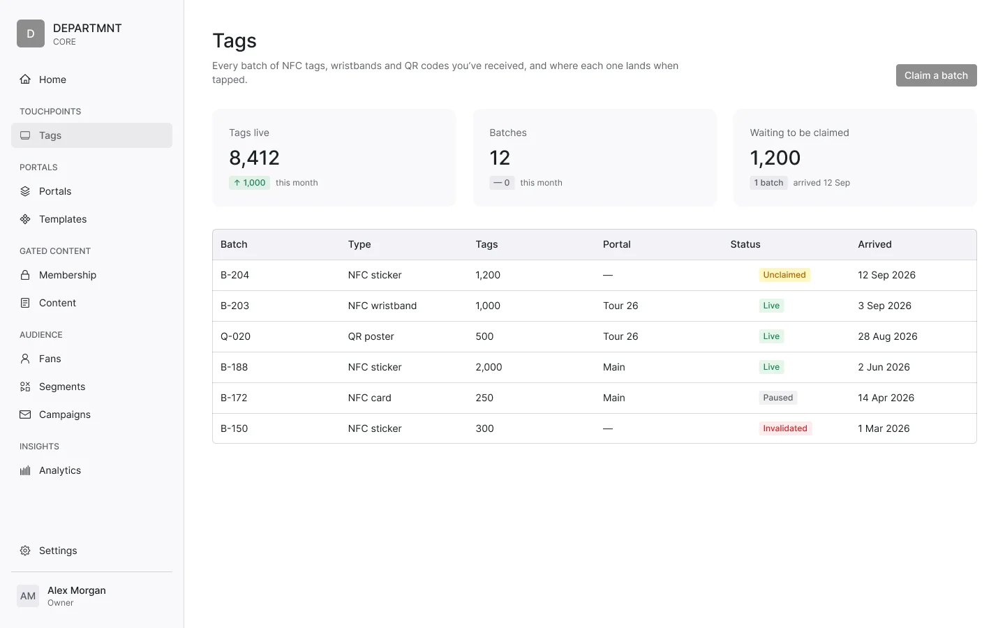 Core Tags: the batch list, each batch with its number, type, tag count, linked Portal, status and arrival date