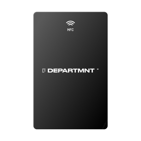 PVC card render: a black portrait card with the wordmark