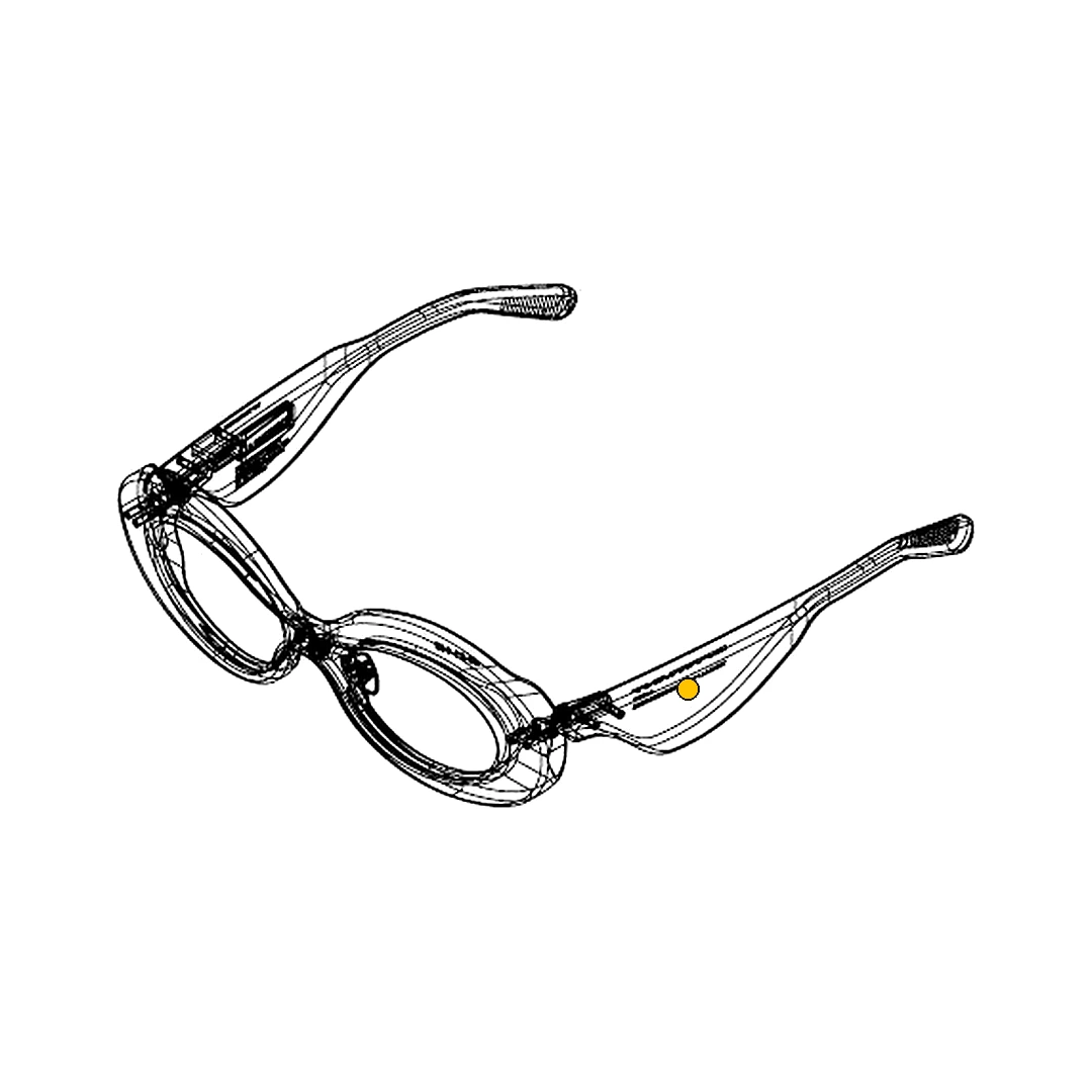 Line drawing of an eyewear frame, with a yellow dot on the temple arm marking where the tag sits