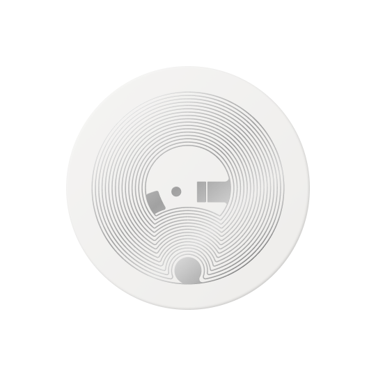 Garment tag render: a translucent white disc with its coil showing