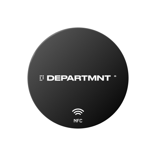 Sticker sheet render: a round black sticker with the wordmark