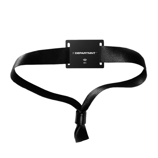 Wristband render: a woven black strap with a flat plate