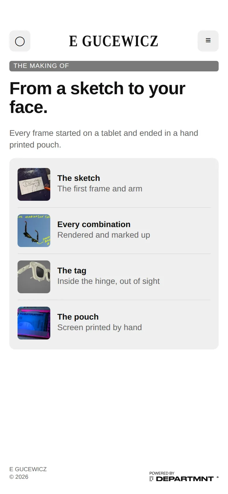 Phone screen telling the making of the frame, from the first sketch to the hand printed pouch