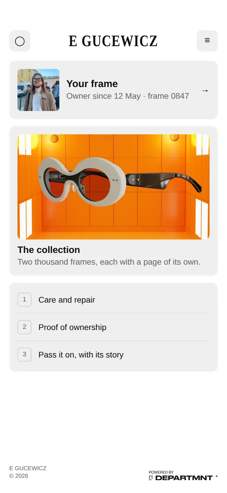 Phone screen for the owner of frame 0847, with links for care, proof of ownership and passing it on