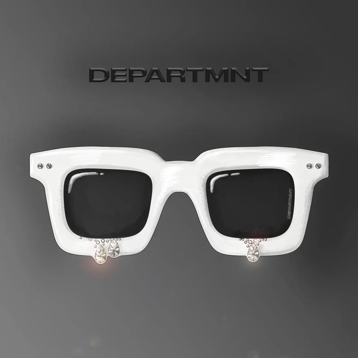 White Genesis sunglasses with dark lenses and crystal details, shown front on below a DEPARTMNT logo