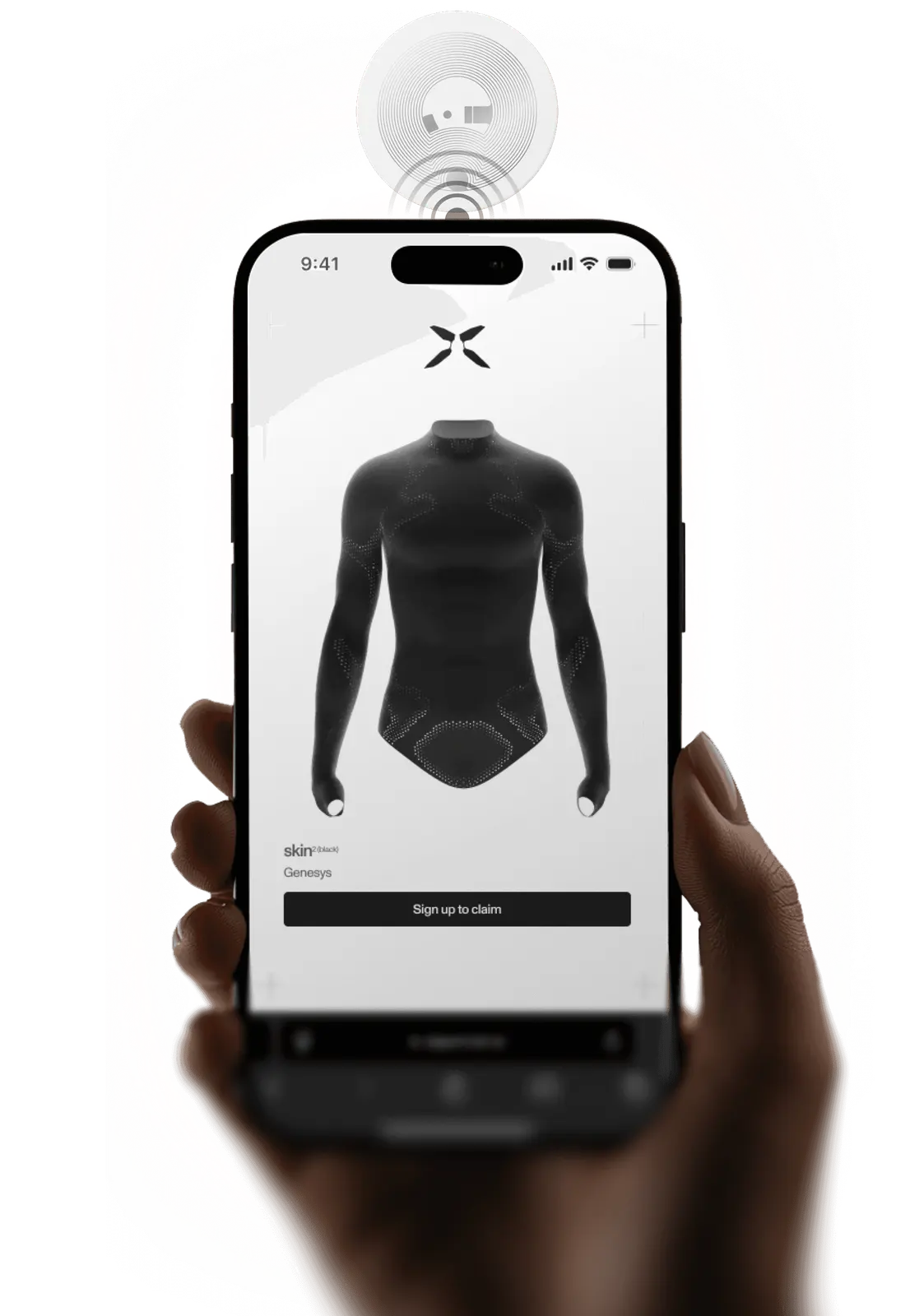 Render: a phone held under a tag, the Portal for the Genesys Skin² garment open on screen with Sign up to claim