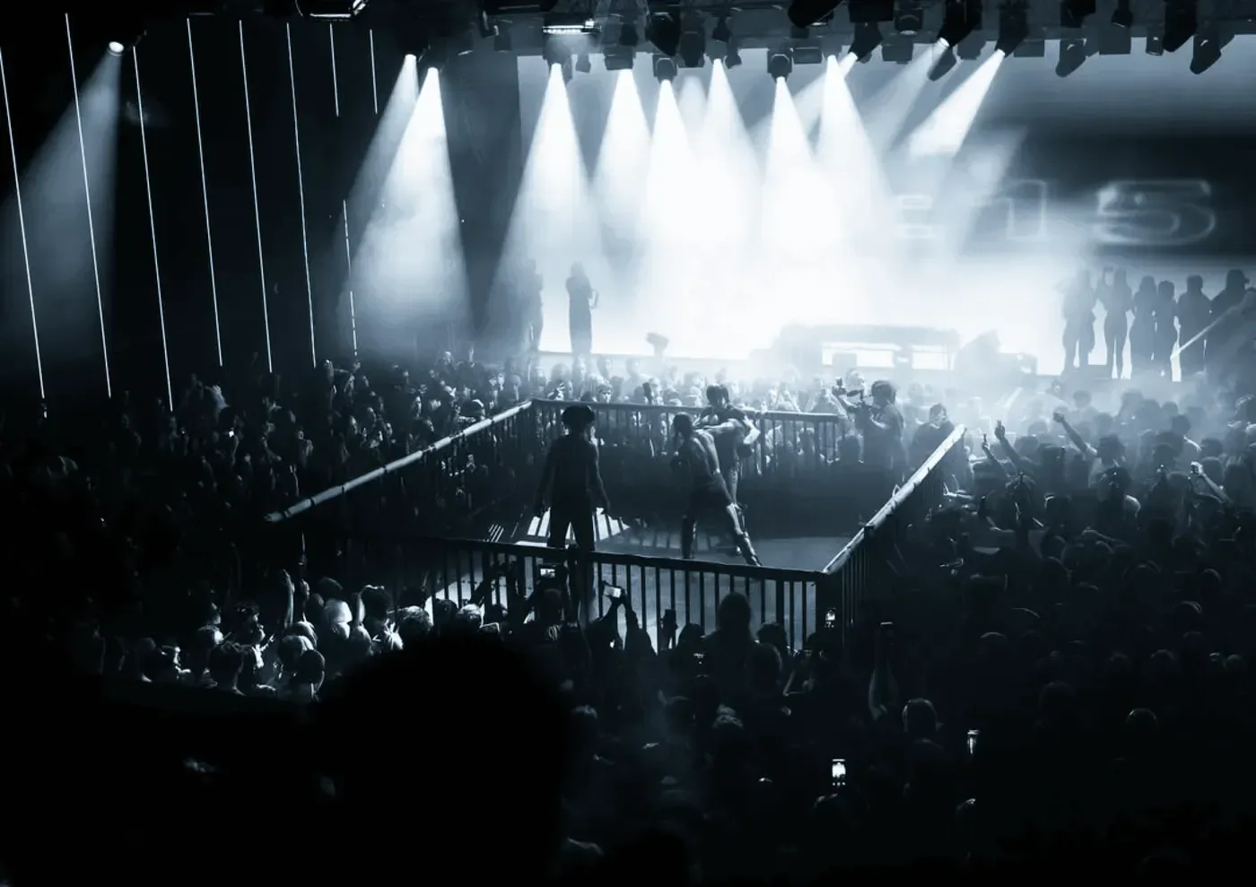 A Genesys show: the crowd facing the stage under white lights
