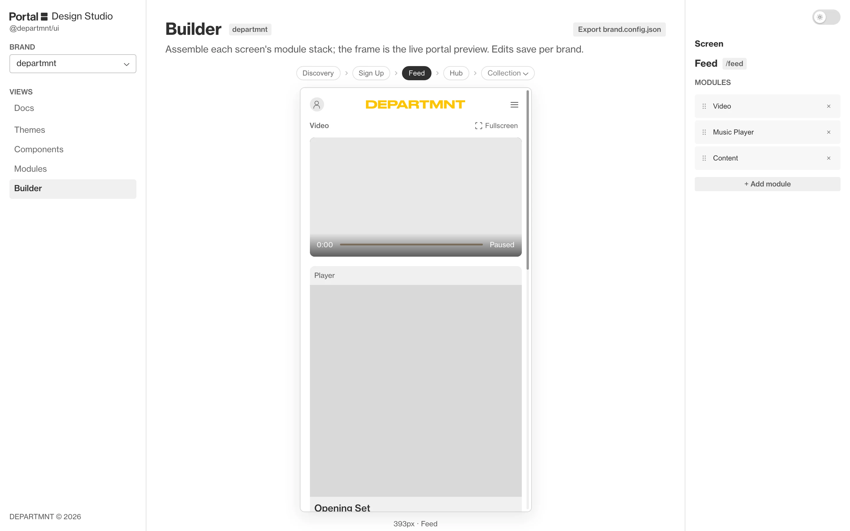 Portal Design Studio builder: views on the left, a phone preview of a DEPARTMNT Portal Feed screen with video and music player modules in the centre, and the screen's module list with an Add module button on the right