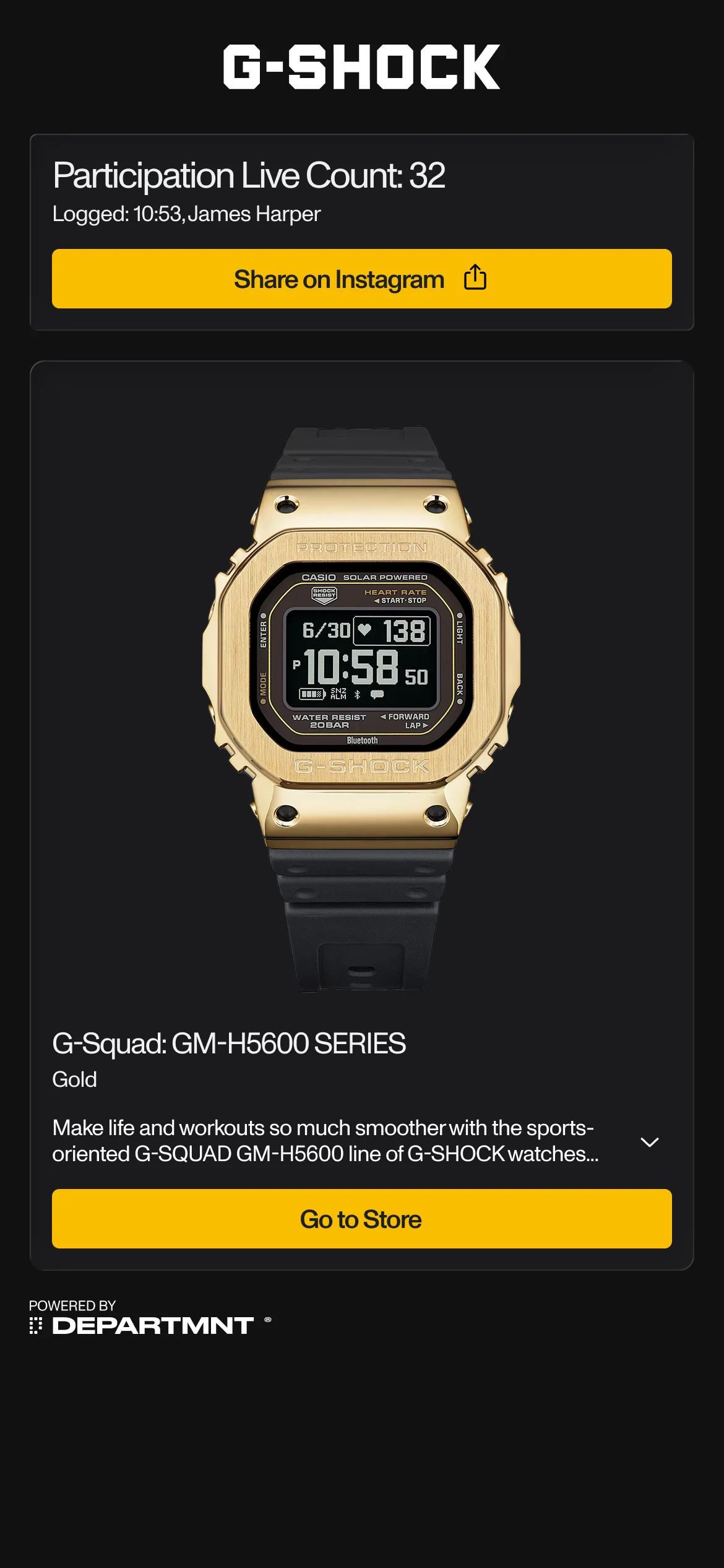 The G-SHOCK Portal: the live participation count, Share on Instagram, and the G-Squad watch with Go to Store