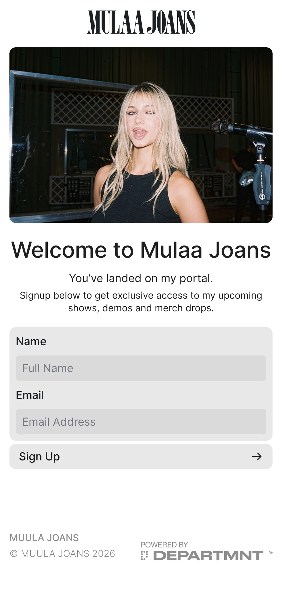 The Mulaa Joans Portal sign-up: Welcome to Mulaa Joans, name and email fields and Sign Up, Powered by DEPARTMNT