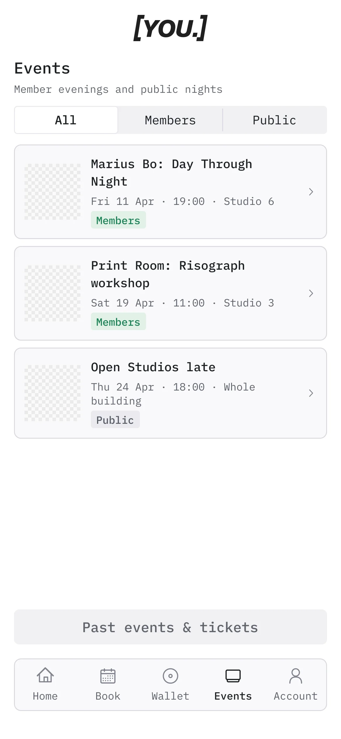 The YOU Studio Portal events list: member evenings and public nights, with the bottom navigation