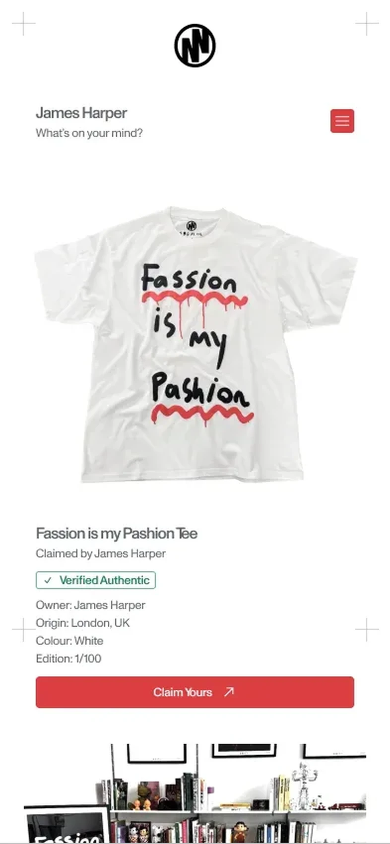 Someone else taps the claimed tee: a limited view showing it is Verified Authentic and who owns it, with Claim Yours
