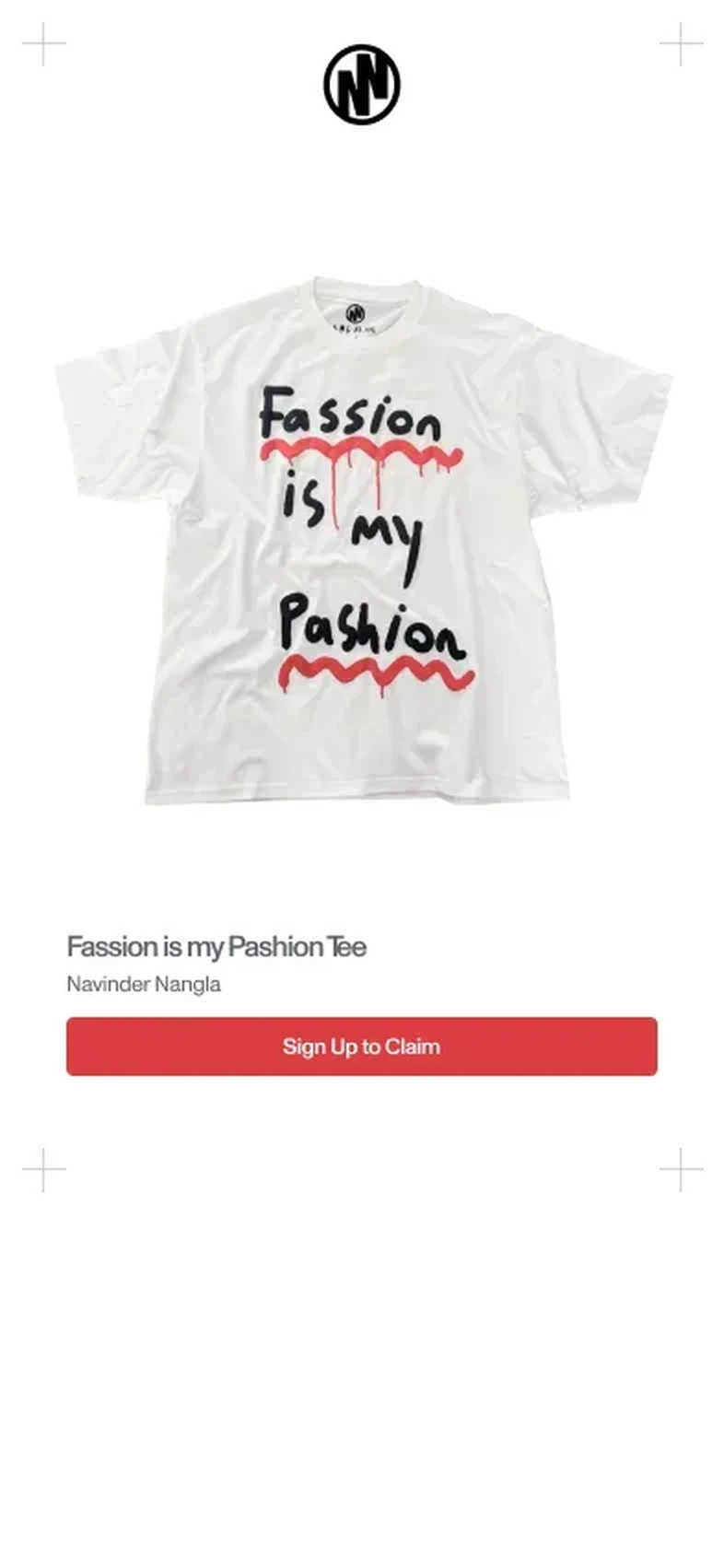 The Navinder Nangla Portal before a claim: the Fassion is my Pashion tee with Sign Up to Claim